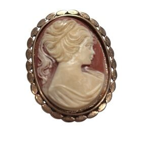 Vintage Cameo Oval Coral and Goldtone 3D Brooch